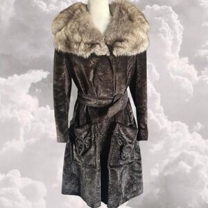 Vintage 70s European Brown Fur Coat with Belt Trench Coat